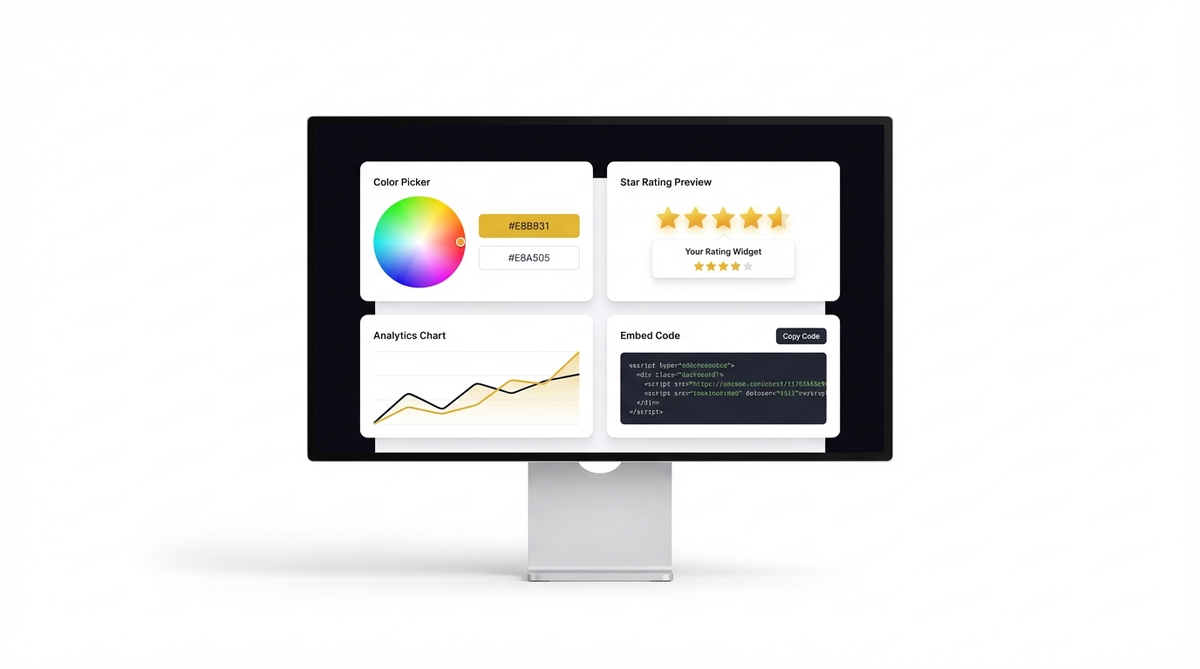 ReviewBoost Reviews Pro dashboard β widget customization with live preview, colors, triggers, and embed code